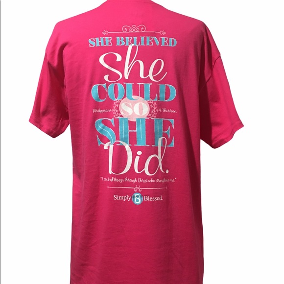 Simply Blessed Womans T-Shirt -“She Believed She Could” Phil 4:13 Pink - Picture 1 of 2